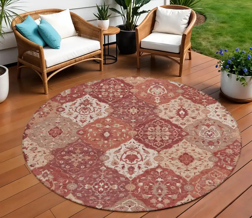 8' Rust Burgundy And Ivory Round Floral Medallion Washable Indoor Outdoor Area Rug Photo 1