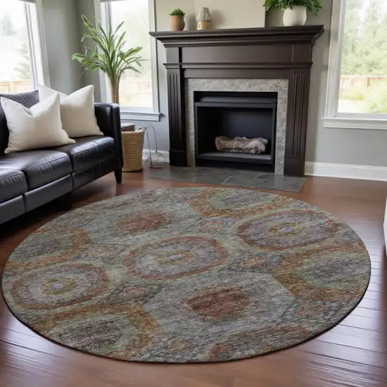 8' Rust Charcoal And Beige Geometric Washable Round Rug With UV Protection Photo 3