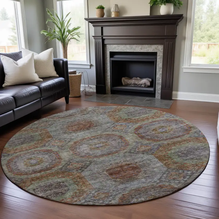 8' Rust Charcoal And Beige Geometric Washable Round Rug With UV Protection Photo 3