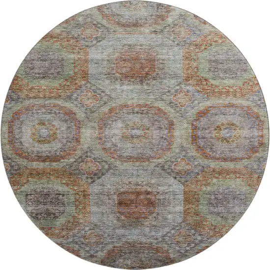8' Rust Charcoal And Beige Geometric Washable Round Rug With UV Protection Photo 1