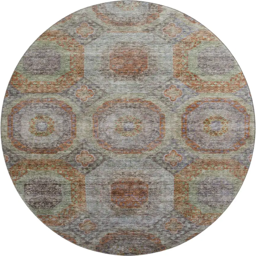 8' Rust Charcoal And Beige Geometric Washable Round Rug With UV Protection Photo 1