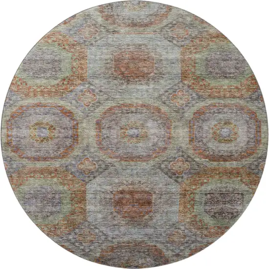 8' Rust Charcoal And Beige Geometric Washable Round Rug With UV Protection Photo 2