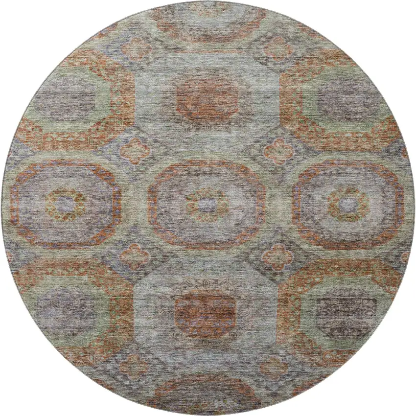 8' Rust Charcoal And Beige Geometric Washable Round Rug With UV Protection Photo 2
