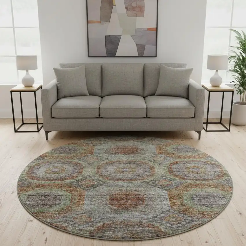 8' Rust Charcoal And Beige Geometric Washable Round Rug With UV Protection Photo 2