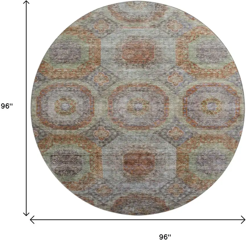 8' Rust Charcoal And Beige Geometric Washable Round Rug With UV Protection Photo 8