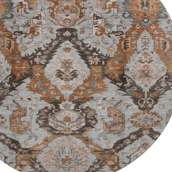 8' Rust Charcoal And Beige Ikat Washable Round Rug With UV Protection Photo 3