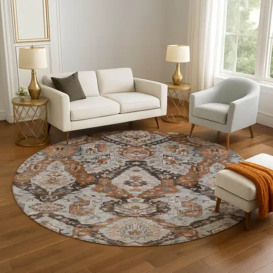 8' Rust Charcoal And Beige Ikat Washable Round Rug With UV Protection Photo 5
