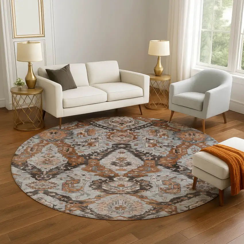8' Rust Charcoal And Beige Ikat Washable Round Rug With UV Protection Photo 5