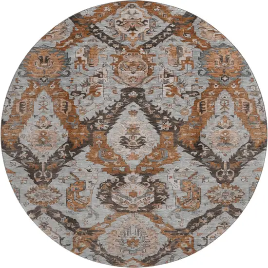 8' Rust Charcoal And Beige Ikat Washable Round Rug With UV Protection Photo 1