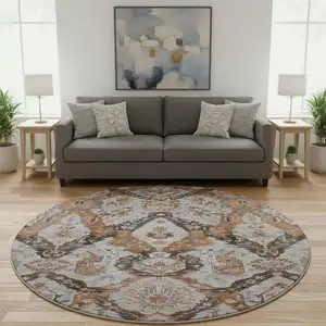 Photo of 8' Rust Charcoal And Beige Ikat Washable Round Rug With UV Protection
