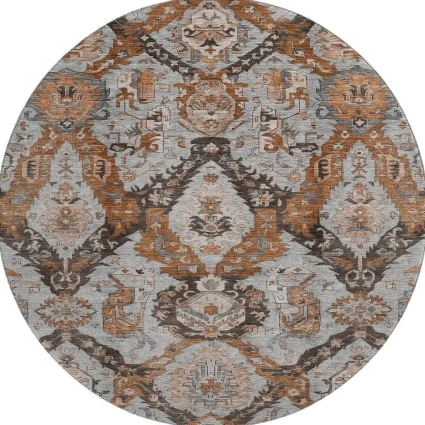 8' Rust Charcoal And Beige Ikat Washable Round Rug With UV Protection Photo 4