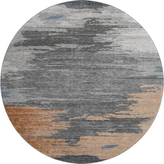 8' Rust Charcoal And Gray Abstract Washable Round Rug With UV Protection Photo 1