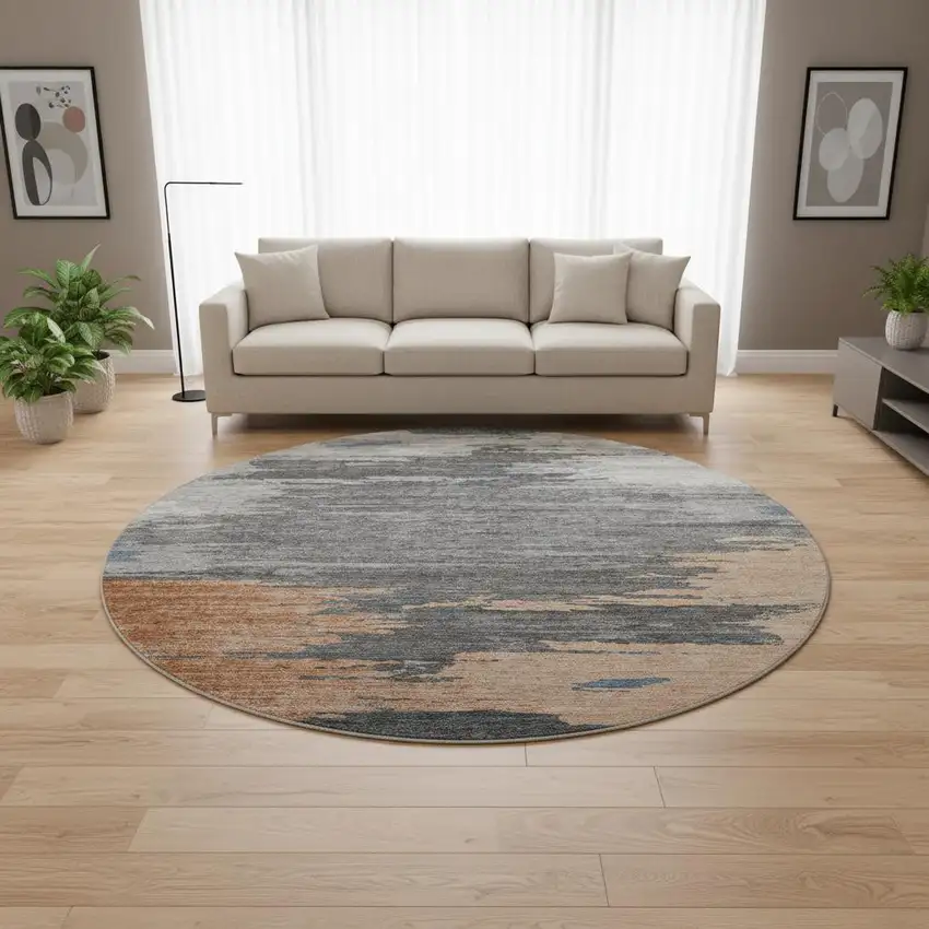 8' Rust Charcoal And Gray Abstract Washable Round Rug With UV Protection Photo 2