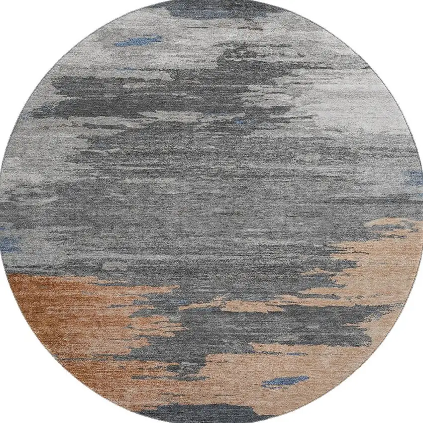 8' Rust Charcoal And Gray Abstract Washable Round Rug With UV Protection Photo 4
