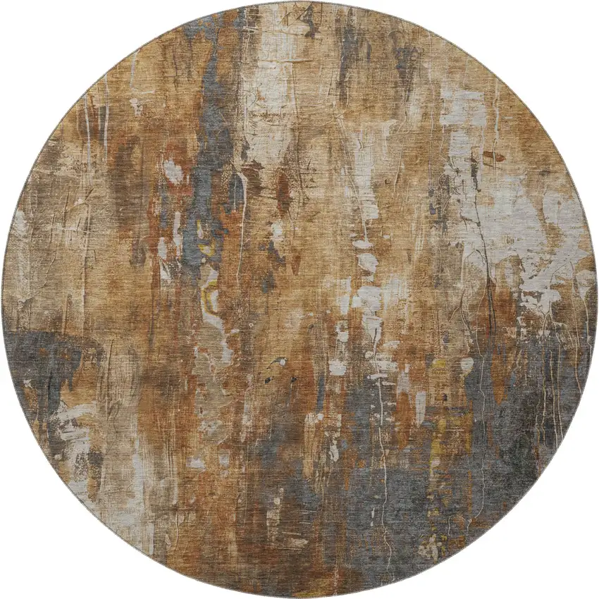 8' Rust Charcoal And Ivory Abstract Washable Round Rug With UV Protection Photo 3