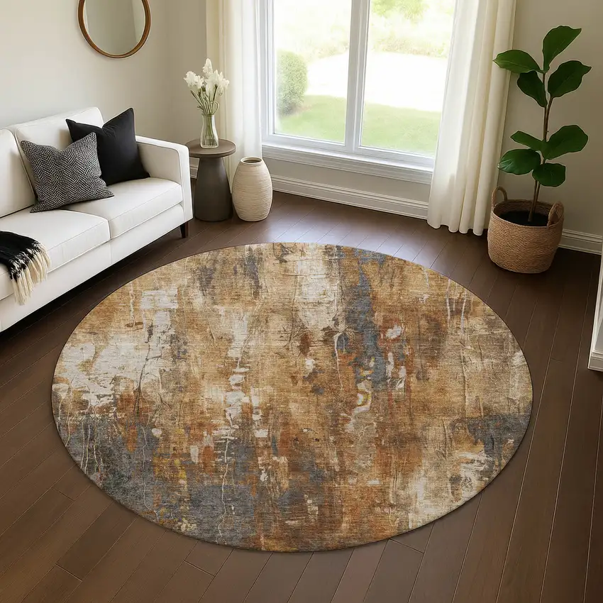 8' Rust Charcoal And Ivory Abstract Washable Round Rug With UV Protection Photo 4