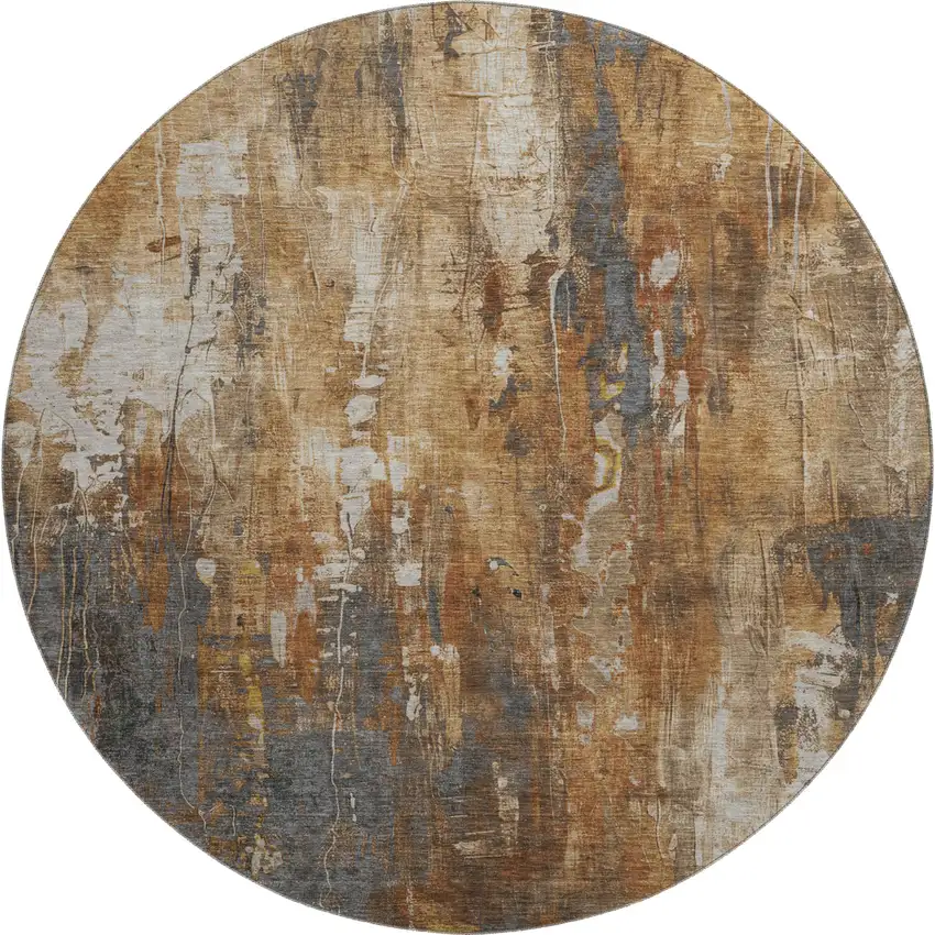 8' Rust Charcoal And Ivory Abstract Washable Round Rug With UV Protection Photo 1