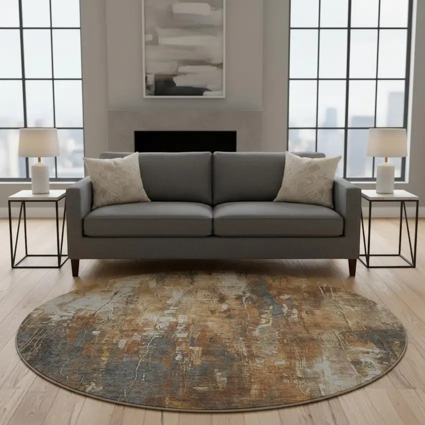 8' Rust Charcoal And Ivory Abstract Washable Round Rug With UV Protection Photo 2