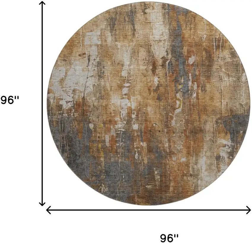 8' Rust Charcoal And Ivory Abstract Washable Round Rug With UV Protection Photo 9