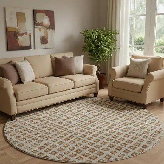 8' Rust Copper And Beige Geometric Washable Round Rug With UV Protection Photo 1