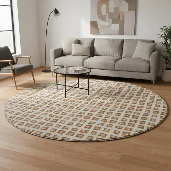 8' Rust Copper And Beige Geometric Washable Round Rug With UV Protection Photo 2