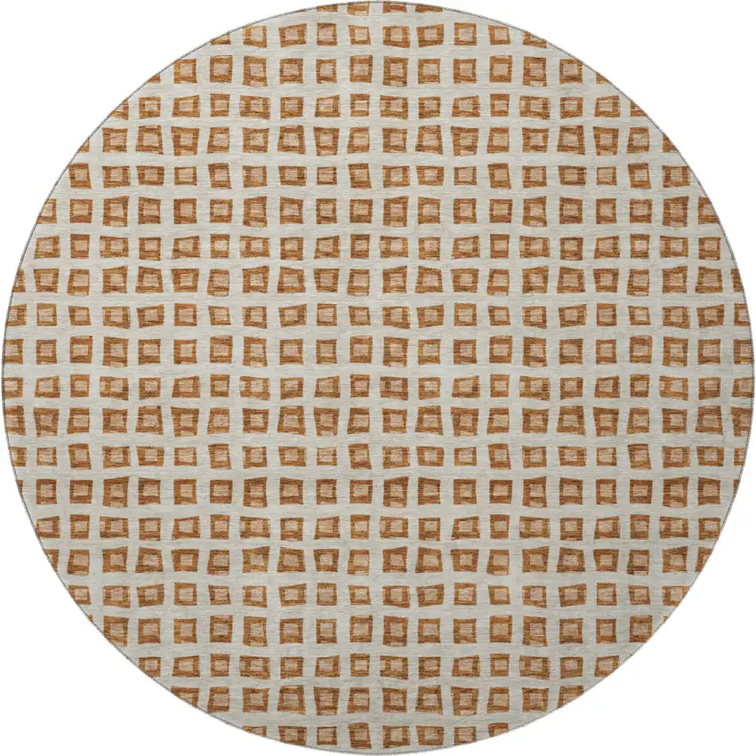 8' Rust Copper And Beige Geometric Washable Round Rug With UV Protection Photo 4