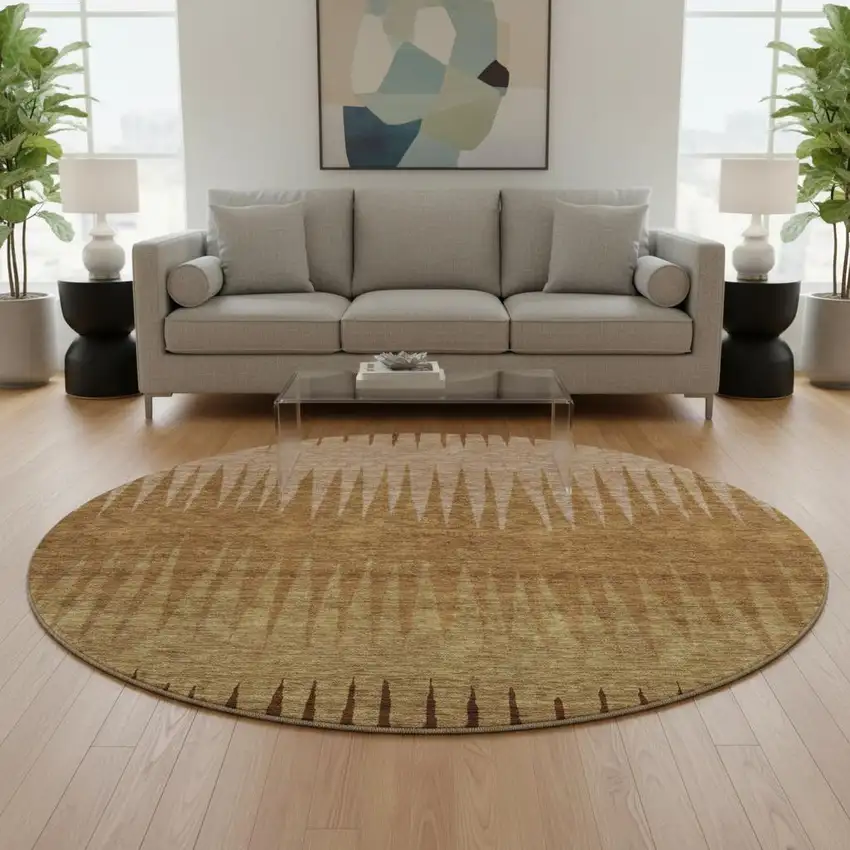 8' Rust Copper And Beige Striped Washable Round Rug With UV Protection Photo 2