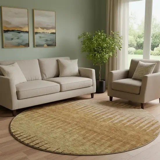 8' Rust Copper And Beige Striped Washable Round Rug With UV Protection Photo 1