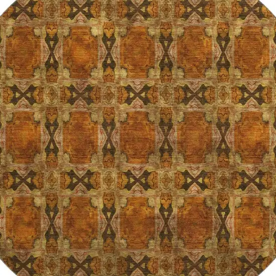 8' Rust Copper And Gold Floral Medallion Washable Round Rug With UV Protection Photo 3