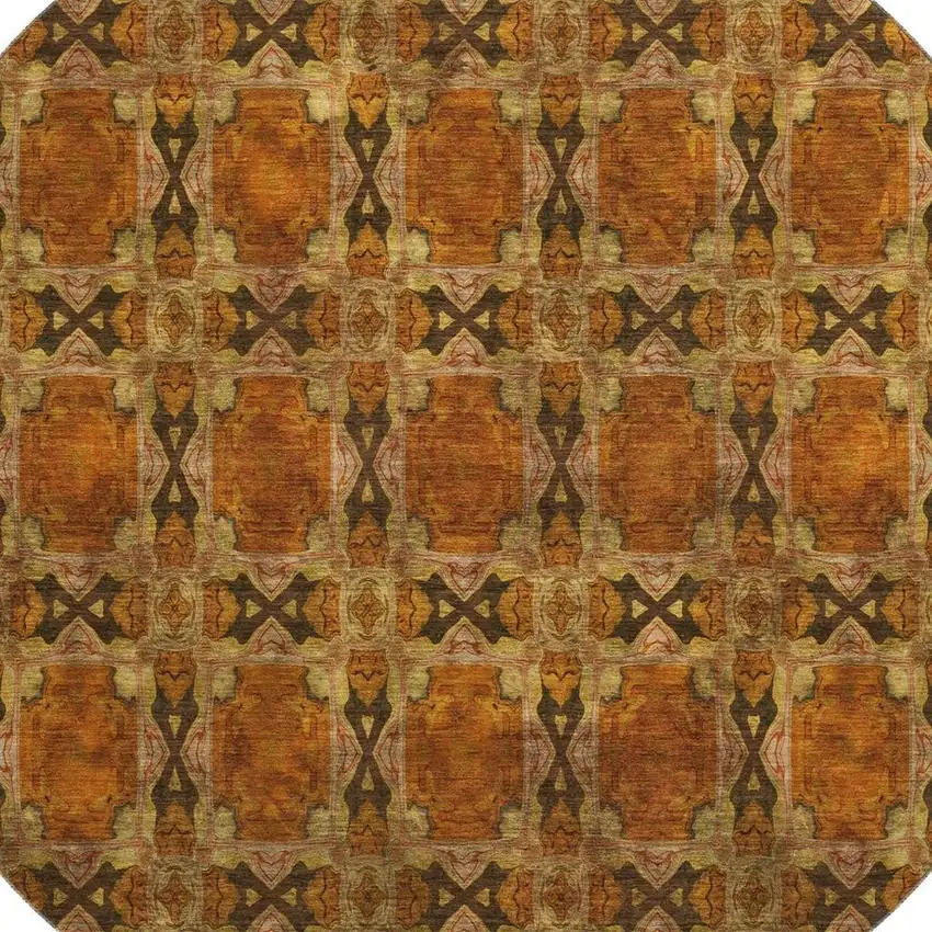 8' Rust Copper And Gold Floral Medallion Washable Round Rug With UV Protection Photo 3