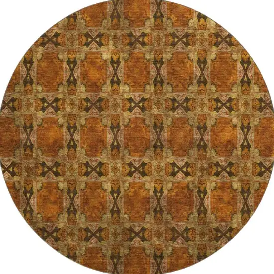 8' Rust Copper And Gold Floral Medallion Washable Round Rug With UV Protection Photo 4
