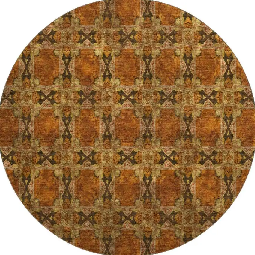 8' Rust Copper And Gold Floral Medallion Washable Round Rug With UV Protection Photo 4