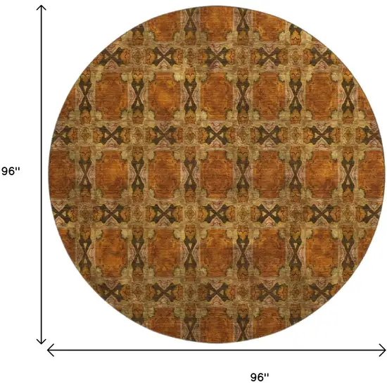 8' Rust Copper And Gold Floral Medallion Washable Round Rug With UV Protection Photo 9