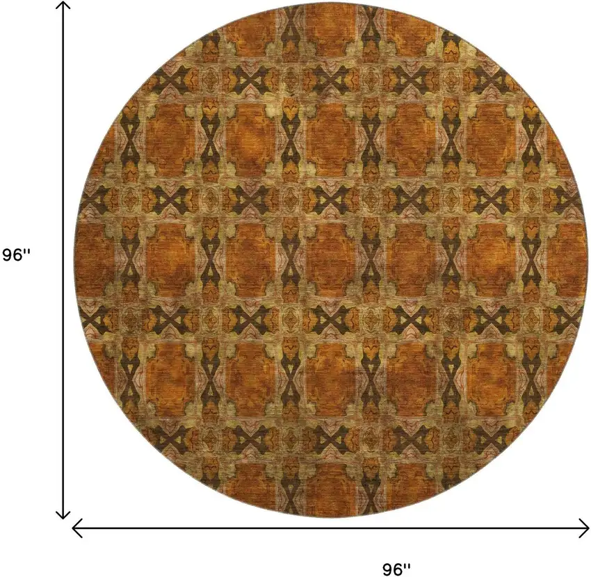 8' Rust Copper And Gold Floral Medallion Washable Round Rug With UV Protection Photo 9
