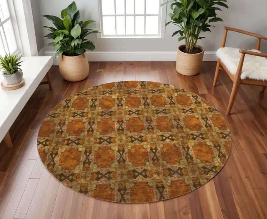 8' Rust Copper And Gold Floral Medallion Washable Round Rug With UV Protection Photo 2
