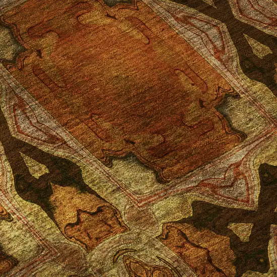 8' Rust Copper And Gold Floral Medallion Washable Round Rug With UV Protection Photo 9