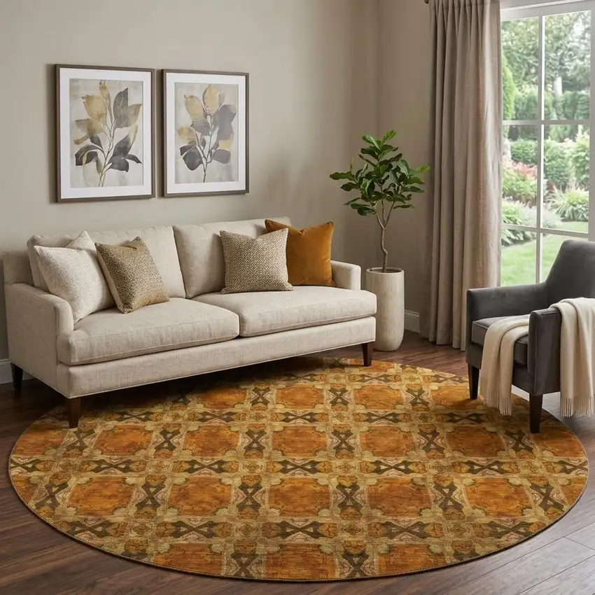 8' Rust Copper And Gold Floral Medallion Washable Round Rug With UV Protection Photo 1