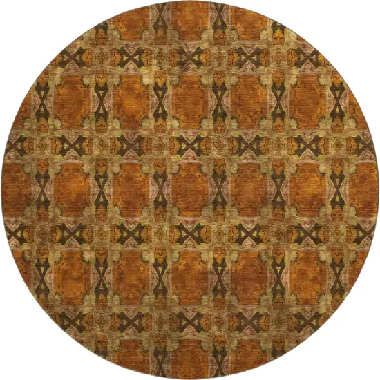 8' Rust Copper And Gold Floral Medallion Washable Round Rug With UV Protection Photo 1