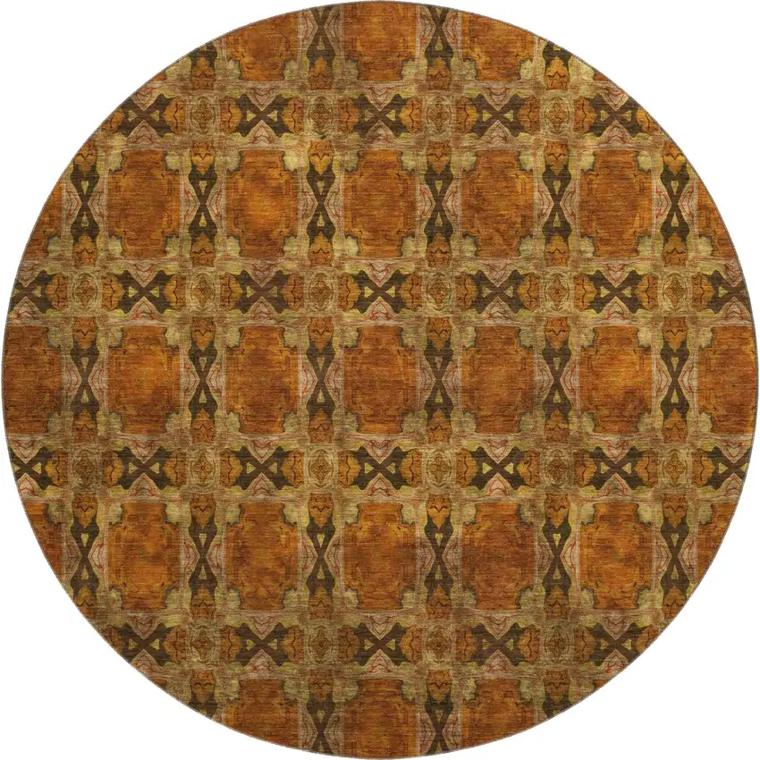 8' Rust Copper And Gold Floral Medallion Washable Round Rug With UV Protection Photo 1