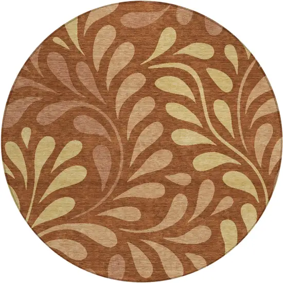 8' Rust Copper And Gold Round Botanical Leaves Washable Indoor Outdoor Area Rug Photo 1