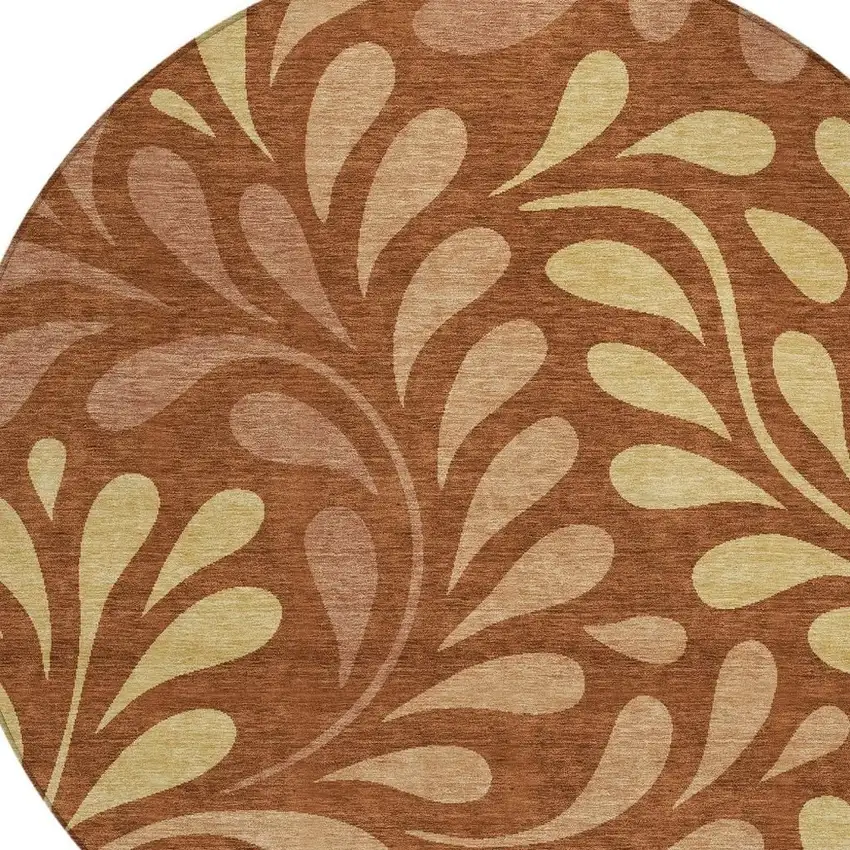 8' Rust Copper And Gold Round Botanical Leaves Washable Indoor Outdoor Area Rug Photo 2