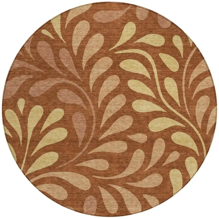 8' Rust Copper And Gold Round Botanical Leaves Washable Indoor Outdoor Area Rug Photo 3