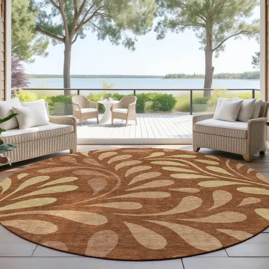 8' Rust Copper And Gold Round Botanical Leaves Washable Indoor Outdoor Area Rug Photo 4