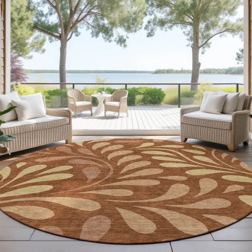 8' Rust Copper And Gold Round Botanical Leaves Washable Indoor Outdoor Area Rug Photo 4