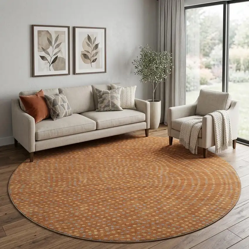 8' Rust Copper And Gray Polka Dot Washable Round Rug With UV Protection Photo 1
