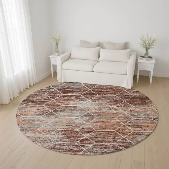 8' Rust Copper And Ivory Geometric Washable Round Rug With UV Protection Photo 4