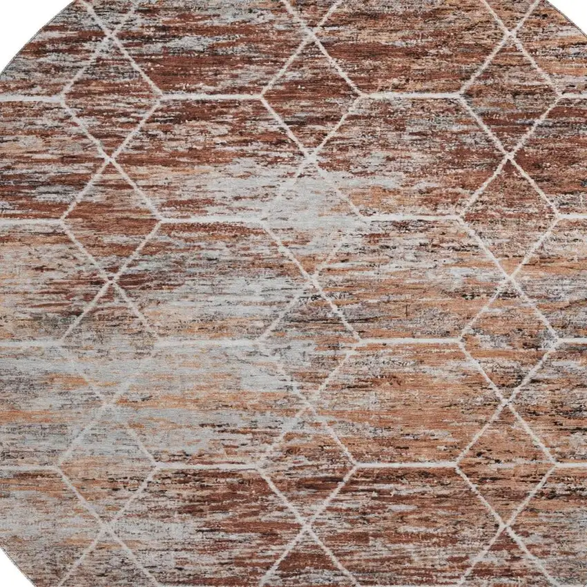 8' Rust Copper And Ivory Geometric Washable Round Rug With UV Protection Photo 2