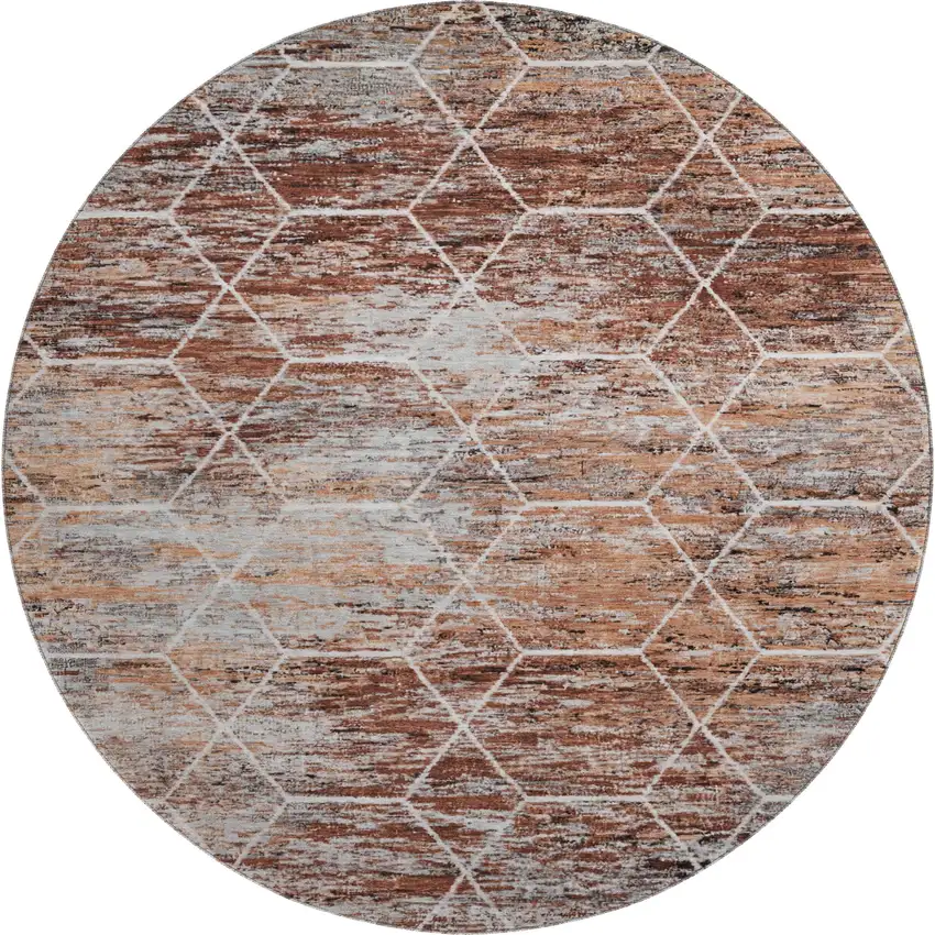 8' Rust Copper And Ivory Geometric Washable Round Rug With UV Protection Photo 1