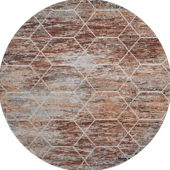 8' Rust Copper And Ivory Geometric Washable Round Rug With UV Protection Photo 3