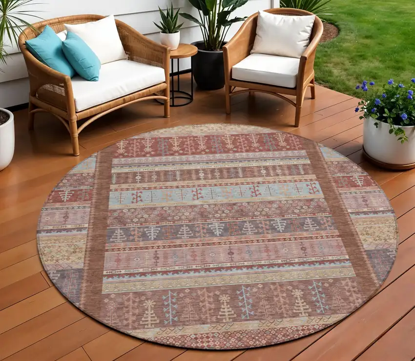 8' Rust Coral And Beige Round Striped Washable Indoor Outdoor Area Rug Photo 2